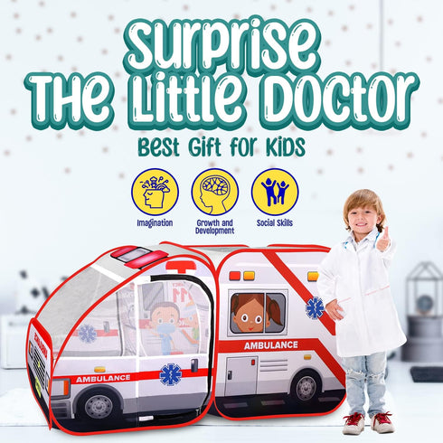 Ambulance Pop-up Play Tent for Kids with Sounds, Doctor Kit & Ball Pit, Easy Setup Indoor & Outdoor Emergency Vehicle
