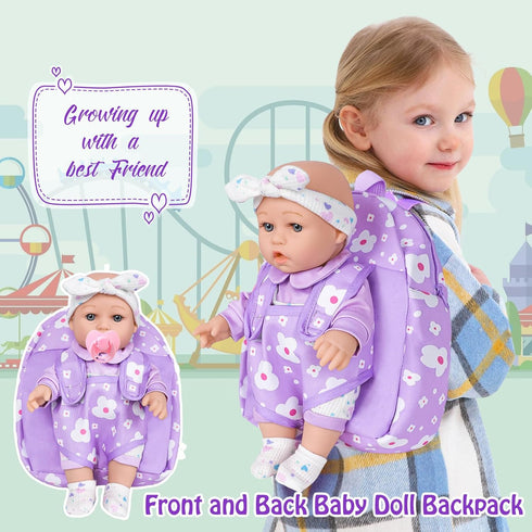 12" Backpack Carrier,12 Inch 3+ UZIDBTO Baby Doll with Flower Pattern Realistic Baby Dolls with Clothes and Accessories