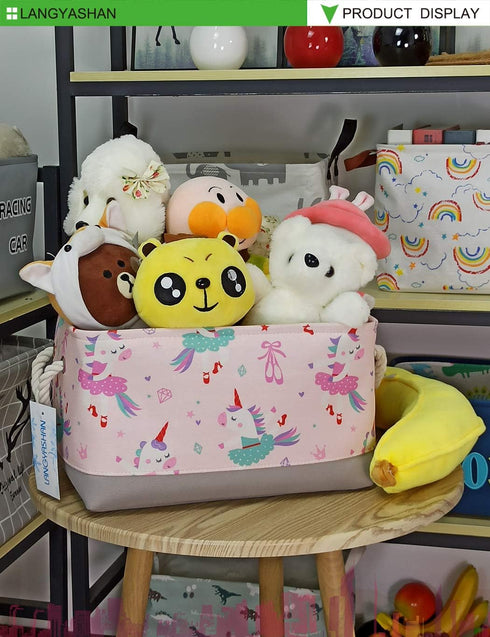 LANGYASHAN Rectangular Storage Bin with Handles, Collapse Canvas Fabric Cartoon Basket for Organizing Home, Kitchen,