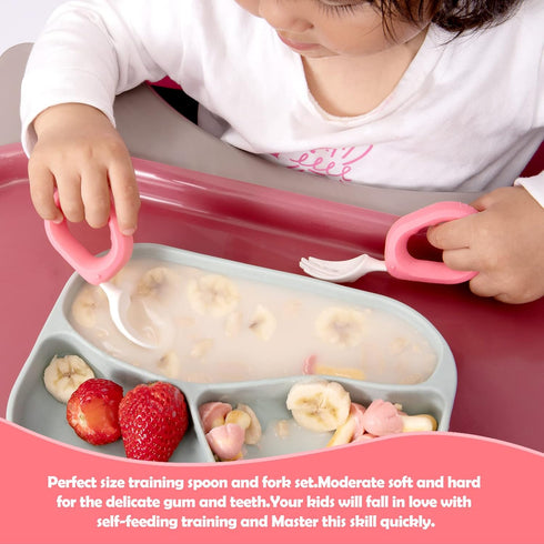 Baby Self Feeding Training Spoon and Fork Set with Travel Case, BPA-Free Toddler Utensils, Silicone/ABS (Pink)