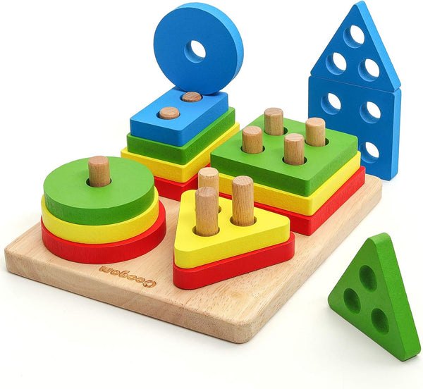 Coogam Wooden Sorting Stacking Montessori Toys, Shape Color Recognition Blocks, Educational Preschool Learning Game