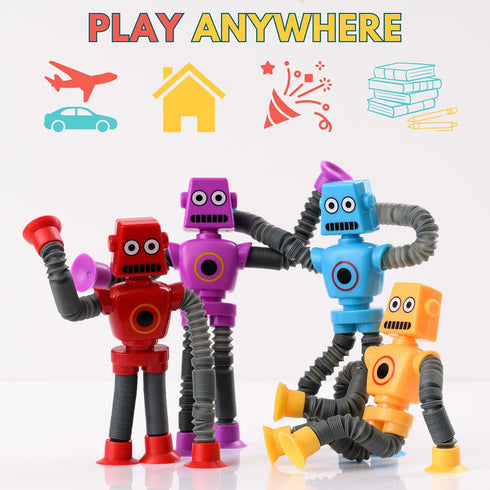 Nutty Toys Sensory Robot Toys 4pk, Top Pop Tubes Fidget Toy for ADHD Autism Ages 3-10, Best Kids Travel Toy Gifts