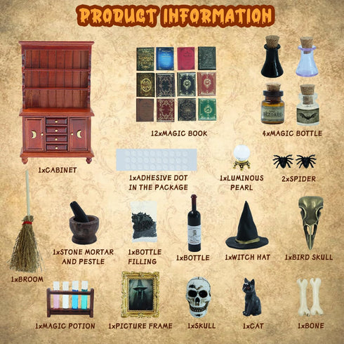 1/12 Set Dollhouse Miniatures Scale Accessories, Wooden Bookshelf Furniture - Magic Bottle&Potion, Witch Frame and Hat