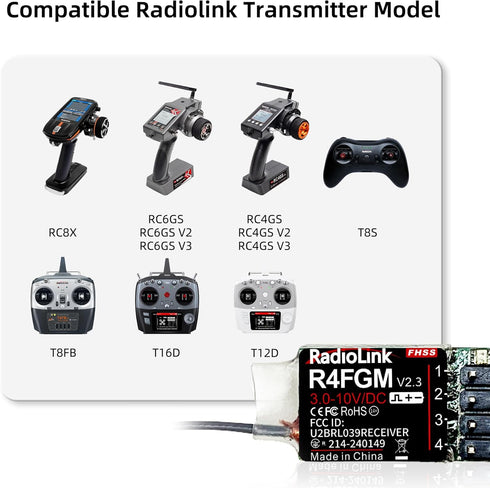 R4FGM V2.3 4 1/28 3-10V RC8X/RC4GS V3/RC6GS V3/T8S/T8FB/T12D/T16D Radiolink Channels Tiny RC Gyro Receiver for Mini RC