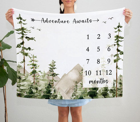 Adventure Awaits Baby Milestone Blanket with Birth Stat Sign, Mountain Baby Growth Chart Monthly Blanket, 50"x40"