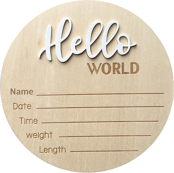 LZEDIRA Baby Announcement Sign, 5.9 Inch Wooden Hello World Newborn Welcome Sign, Birth