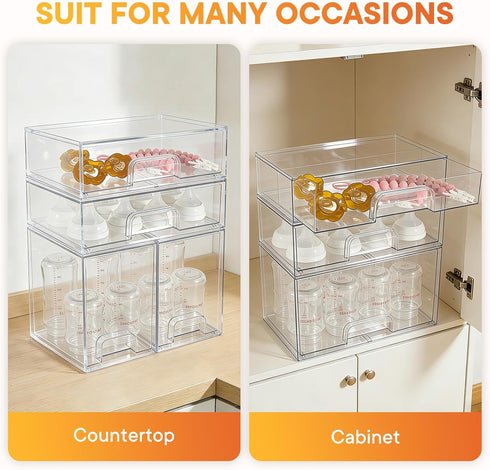 4 Pack Countertop MINMUNJIU Baby Bottle Organizer, Clear Space-Saving Stackable Drawer with Handle, Baby Bottle Storage