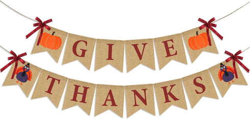 Give Thanks Burlap Banner - Rustic Thanksgiving Decorations - Turkey Pumpkin Bunting for Party Supplies