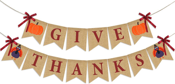 Give Thanks Burlap Banner - Rustic Thanksgiving Decorations - Turkey Pumpkin Bunting for Party Supplies