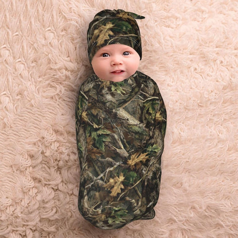 Nanyizly Set 0-6m Camouflage Leaves Newborns Beanie Swaddle Blanket Baby Receiving Blankets for Infant Boy Girl Swaddle