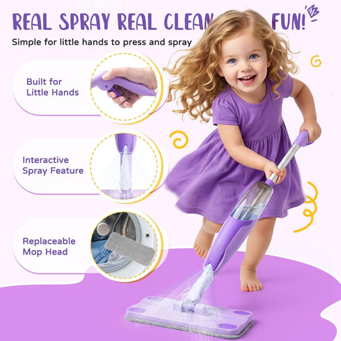Set,Purple Set 3+ Kids Cleaning Toy Mini Spray Mop Montessori Toys Pretend Play Cleaning Tool for Toddlers with Spray