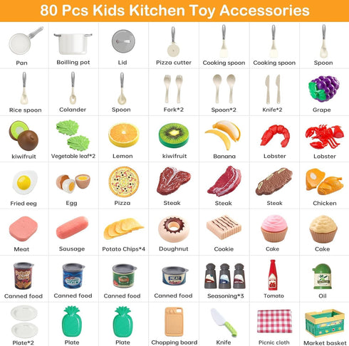 Funpynani 80Pcs Playset, Kitchen Toddler Pretend Cooking with Pots, Pans, Cookware, Food, Picnic Blanket, Fruits