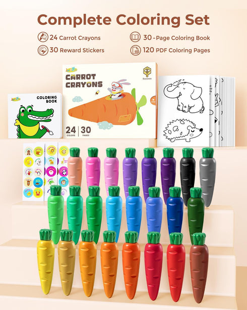 24 1-3 30-Page 120 JUPITEARTH Carrot Crayons for Kids Colors, Non Toxic Beeswax Crayons for Toddlers with Coloring Book