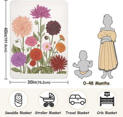 KICPOAY 30x40 Inch Swaddle Blanket for Vintage Floral Dahlia Baby Receiving Blanket Muslin Baby Swaddles Soft Cotton