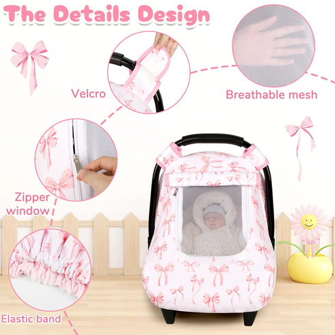 Baby Car Seat Cover, Windproof Carseat Cover for Infant Girls, Infant Warm Carseat Canopy with Double Layer Fabric