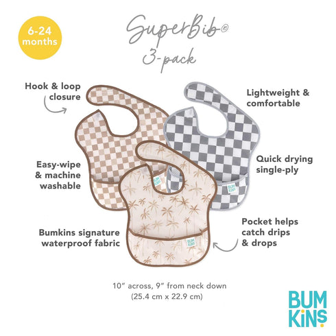 Bumkins Bibs for Girl or Boy, SuperBib Baby and Toddler for 6-24 Months, 3-pk Palms and Checks
