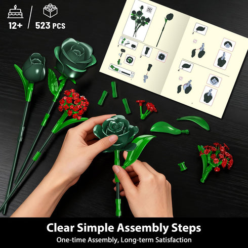 Set 16 523PCS PLAXSOON Flowers Bouquet Building with Lights, Mother's Day Green Roses Botanical Collection Building