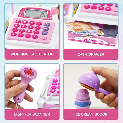 Ice Cream Store Mini Cash Register with Pretend Play Desserts, Working Scanner, Calculator, Microphone, Money