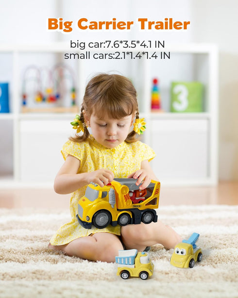 Construction Car Carrier Toys Set for 3-6 Years Old, 4 Small Cartoon Cars, Sound and Light Big Truck with Slide