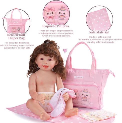 5 Set, BABESIDE Pcs Baby Doll Diaper Bag Cute Cat Patterns Baby Doll Accessories with Pink Dolls Diaper Bag Changing