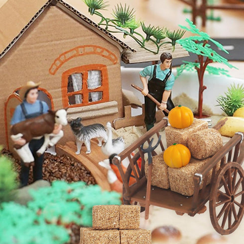 14Pcs Mini Hay Bales Set, Miniature Farming Cart Straw Hay Figure Miniatures for Western Party Decoration