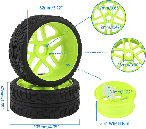 1:8 Off-Road RC Buggy 17mm Hub Wheel Rims and Tires H Tread Pattern Fluorescent Green Pack of 4 by Rowiz