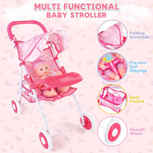 12" Set 15 3-5 deAO Baby Doll Stroller Baby Doll with Foldable Stroller PCS Accessories for Toddlers Christmas Birthday