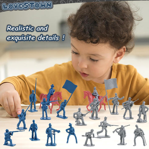 LovesTown 82PCS Civil War Soldier Toys, 40 Blue and 40 Gray Uniform Action Figures with Rideable Horses for Kids