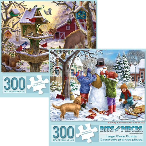 Set 300 Bits and Pieces Value of Two Piece Jigsaw Puzzles for Adults Building a Snowman on a Snow Day, Sunrise Feasting