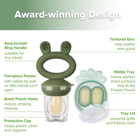 Haakaa Baby Fruit Food Feeder & Mini Freezer Nibble Tray Combo - BPA Free Silicone for Infant Feeding