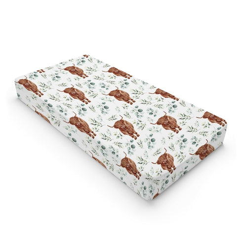 Changing Pad Cover for Baby Girl Boy, Highland Cow Eucalyptus Leaf, Soft Stretchy Safe Snug Fitted Diaper Change Table