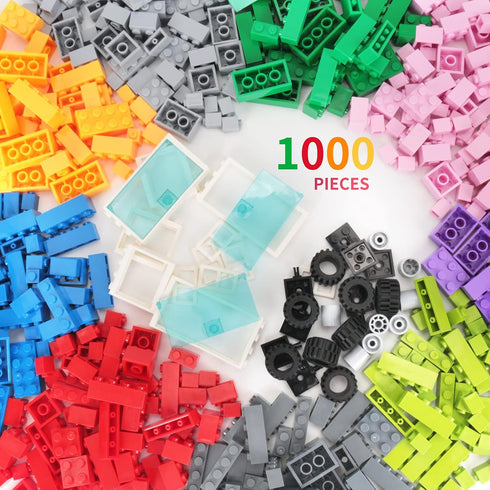 Building Bricks 1000 Pieces Bulk Toys, Kids Building Blocks Compatible with All Major Brands, Accessories with Wheels