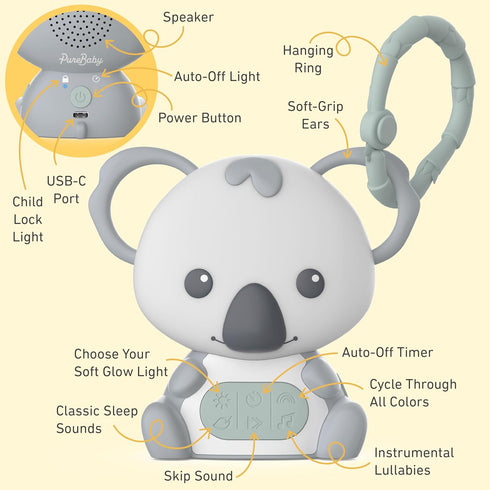 Pure Enrichment PureBaby Hanging Koala Sound Machine - Portable Travel Sleep Aid/Night Light & Detachable Hanging Ring