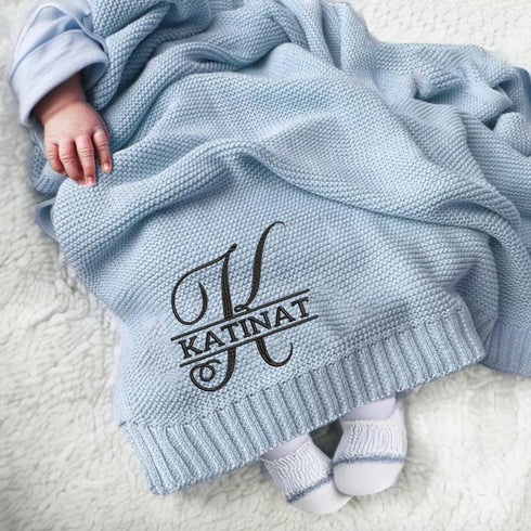 Luxury Personalized Knit Embroidered Baby Name Blanket Custom Embroidered Monogrammed Cotton Nursery
