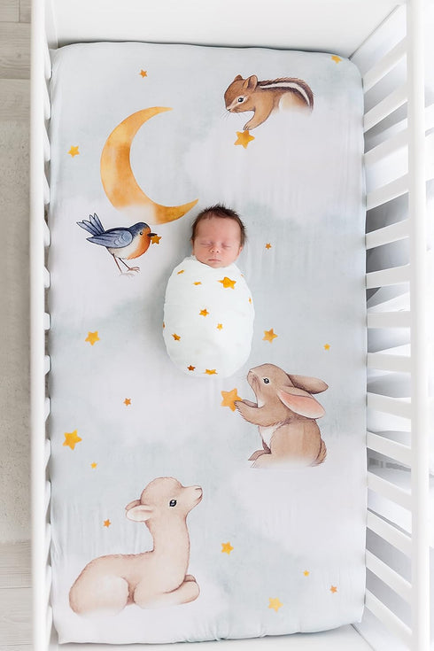 100% (52 28 inches) Rookie Humans Cotton Sateen Fitted Crib Sheet: Goodnight Wonderland. Modern Nursery, Use as a Photo