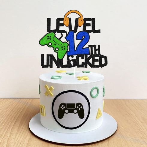 Level 12th Unlocked Cake Topper, Happy 12th Birthday Cake Decoration, Video Game Controller Theme Party Supplies
