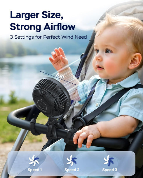 5000mAh 3-Speed, 360Rotate AMACOOL Baby Stroller Fan - Rechargeable, Strong Yet Quiet, Portable Clip on Fan for Travel