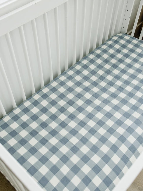 Dusty Blue Gingham Muslin Crib Sheet by Mebie Baby, Soft and Breathable Bed Sheets for Babies, Modern Neutral Bedding