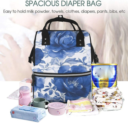 ZSUUGJ Backpack Navy Blue Floral Printed Diaper Bag Baby Bag Multi Function Baby Changing Bags For Travel