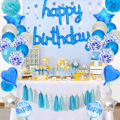 BEISHIDA Blue Happy Birthday Balloons Banner, 16 Inch Mylar Foil Birthday Letters Balloons for Kids Adults Ocean Theme