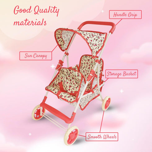 Double Doll Stroller for Baby Dolls, Floral Tandem Play Toy Stroller for 4-8 Year Old Girls