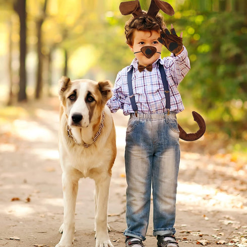Syhood Puppy Dog Costume Set with Ears Headband, Bowtie, Nose, Tail, and Paw Gloves for Halloween Carnival