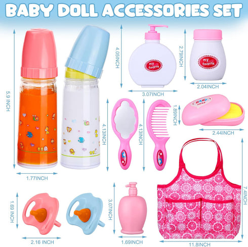 21 Pcs Baby Doll Accessories Baby Doll Diaper Bag Set with Accessories Include Diaper Disappearing Milk Bottles Pacifier Bib Baby Doll Feeding and Caring Set for Boys Girls Birthday Gifts