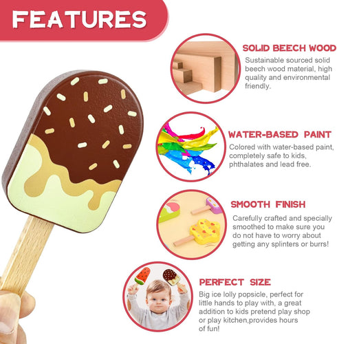 Wooden Ice Cream Toy Set for Kids, Toddler Pretend Play Food Ice Lolly Pops, Educational Gifts for Ages 3-6