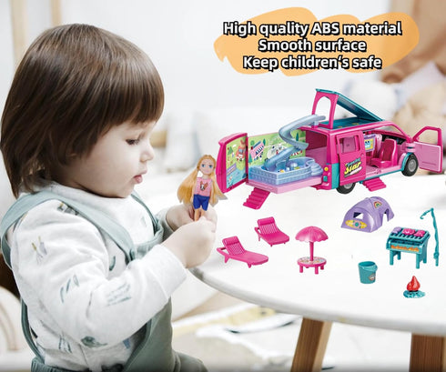 Doll Camper Van Playset for Girls, Portable Doll Car Play with Doll Furniture, Pool & Accessories