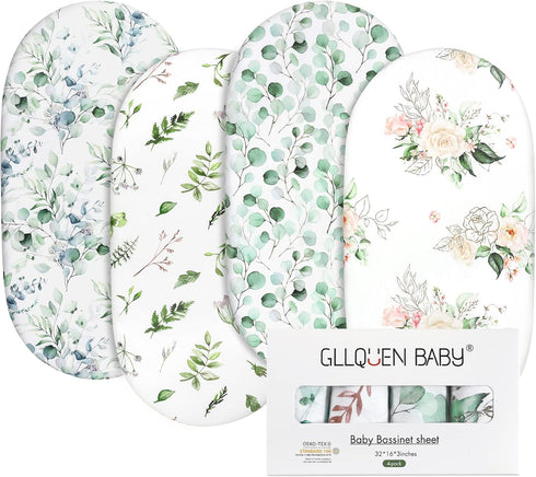 Gllquen Baby Bassinet Sheets 4 Pack, Breathable Fitted Mattress Sheet, Floral Pattern for Baby Boy Girls
