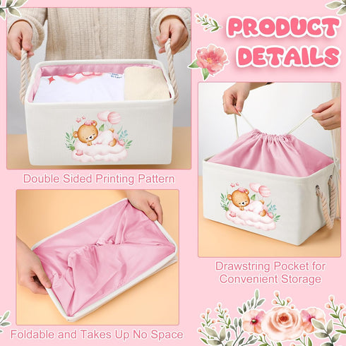 13 9. 1 7. 1 Inch(Pink Pickmesh Baby Shower Storage Basket with Gift Bags Rectangular Ribbons Collapsible Canvas