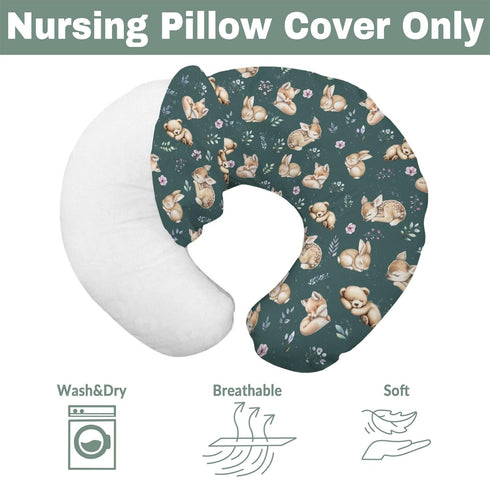 Sleeping Spring Animals Nursing Pillow Covers for Boy Girl Bear Deer Bunny Floral Leaves Nursery Pillow Slipcover