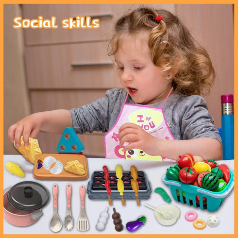 Kids Kitchen Toy Accessories Playset, Pretend Cooking Pots, Pans, Utensils, Cookware, Food, and Storage Basket
