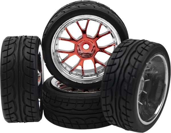 4Pack HIRCQOO 12mm Hex Plastic Wheel Rims & 2.59" Rubber Tires Set for Traxxas Kyosho HPI Tamiya TT-01 TT-02